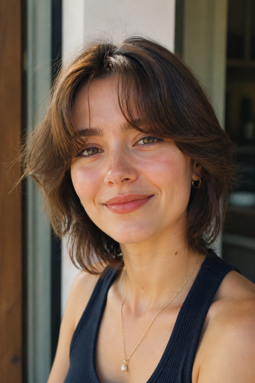 Real woman with air-dried curtain bangs in a sunlit room.