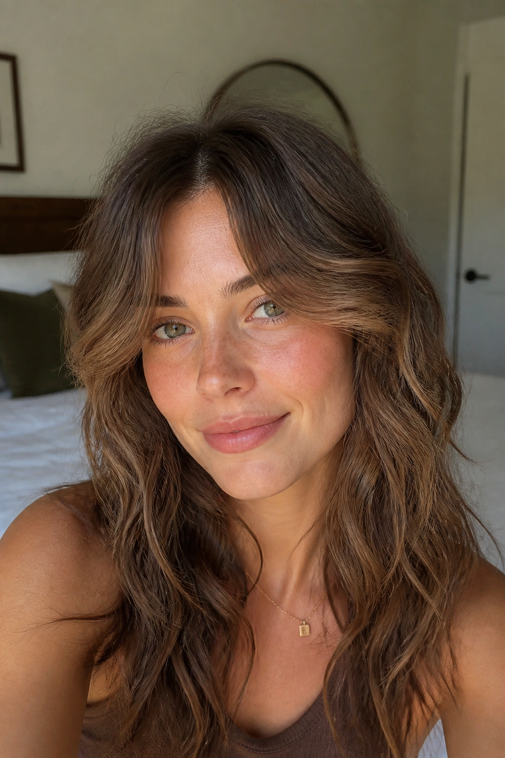 Close-up portrait of a real woman with air-dried wavy curtain bangs under natural window light
