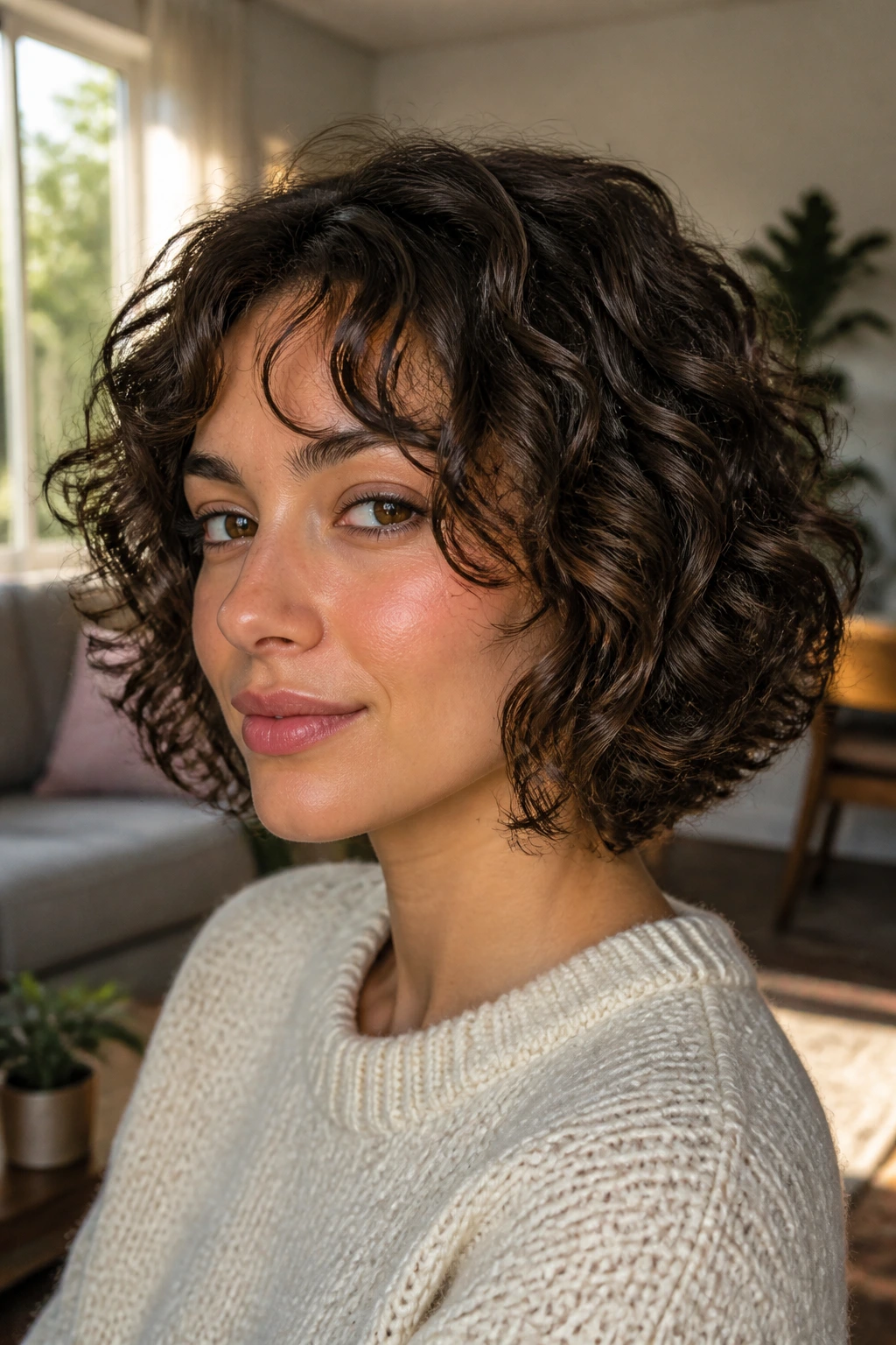Close-up portrait of a real person with an air-dried curly bob showing natural curls