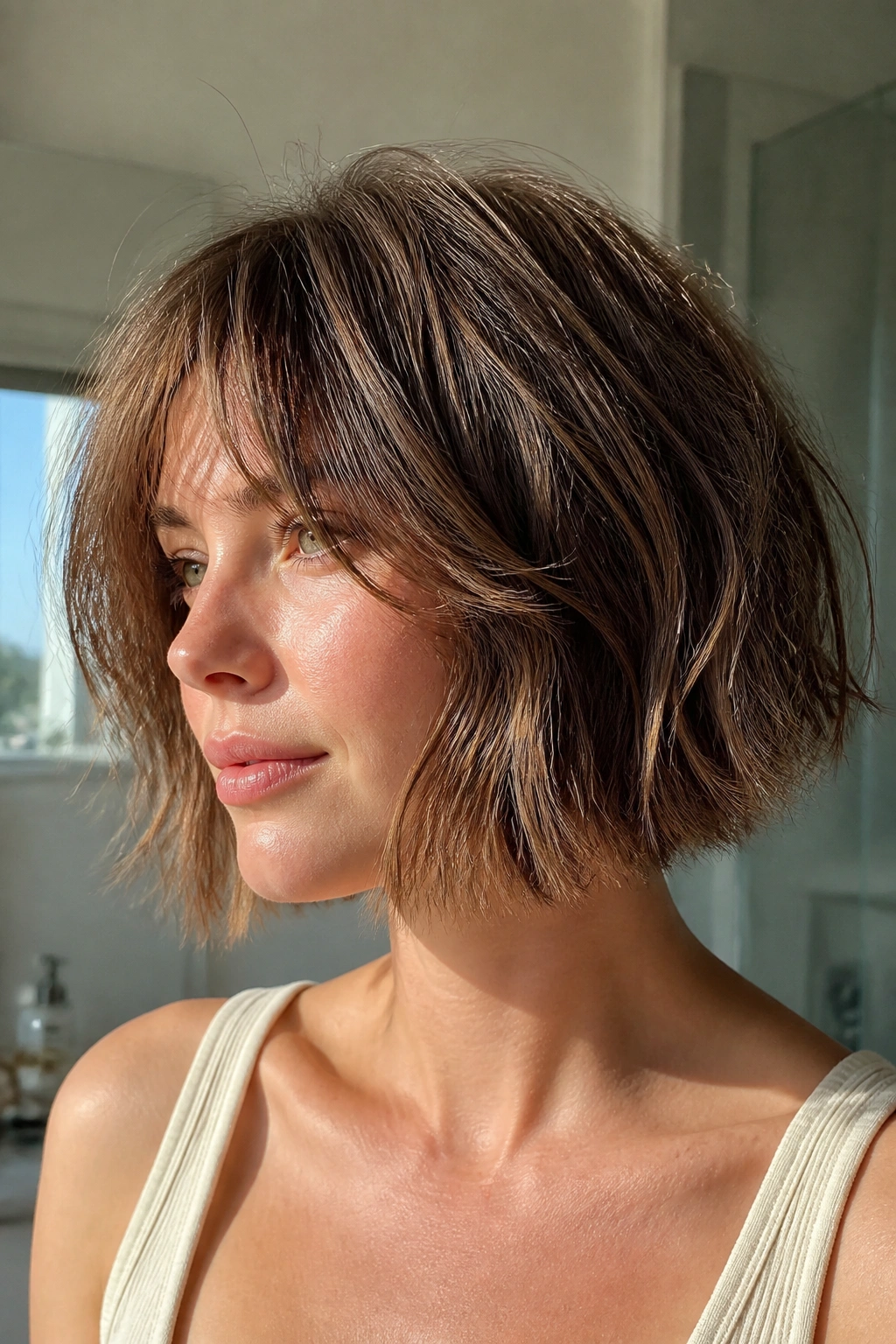 Close-up real-woman portrait with air-dried feathered bob under natural light
