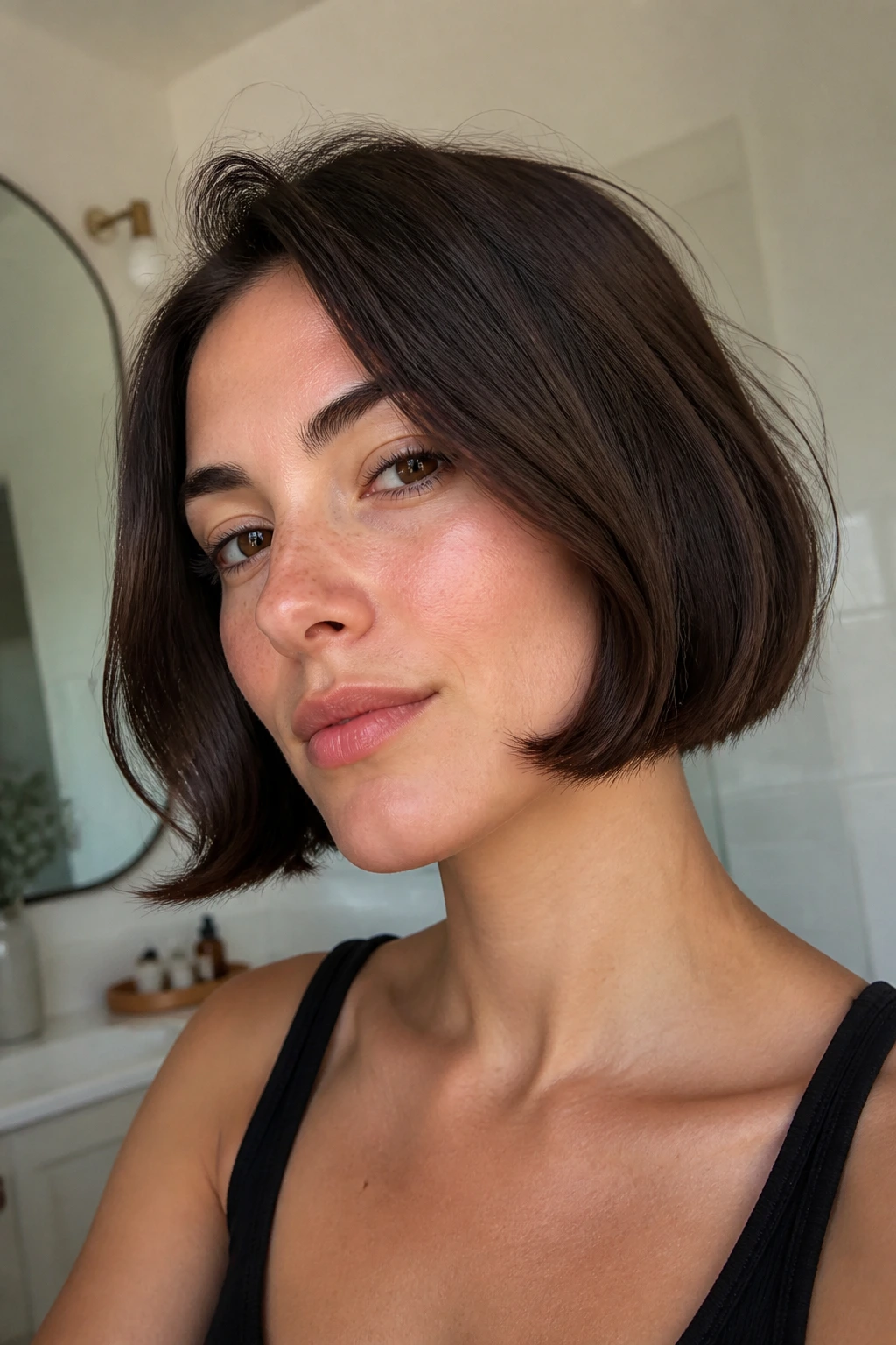Real woman with jaw-length air-dried French bob and natural bend in bright home light