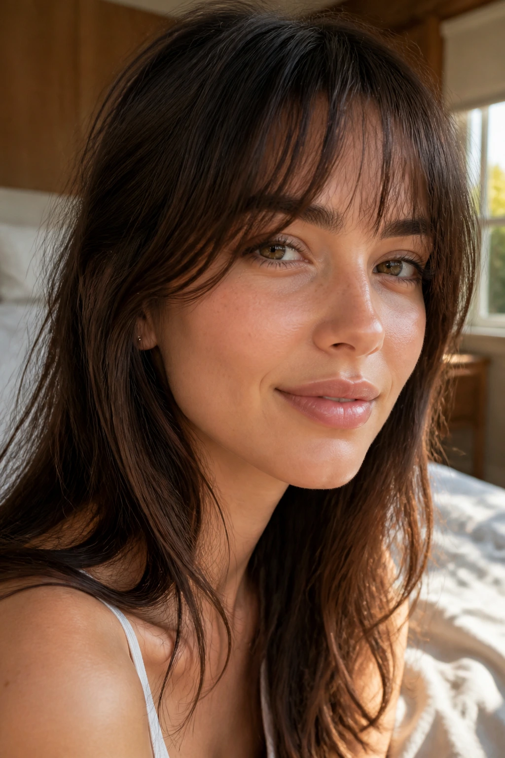 Close-up of a real woman with air-dried fringe and natural texture framed by soft window light