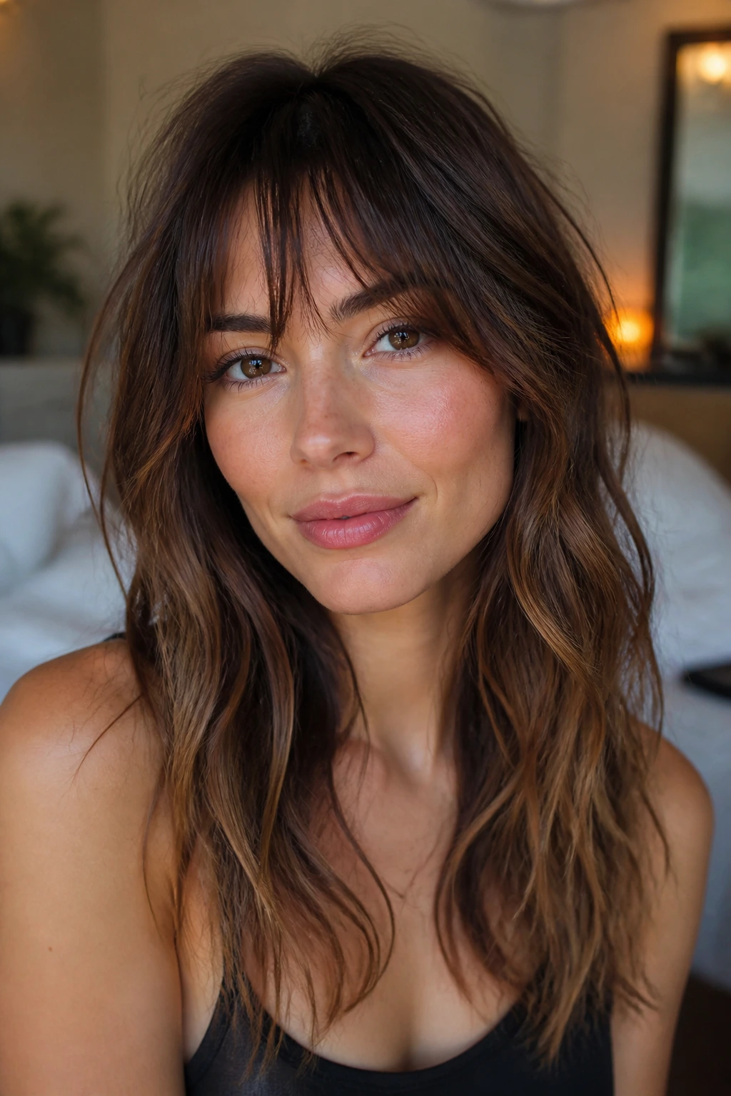 Close-up portrait of a real woman with air-dried fringe and natural waves in warm window light
