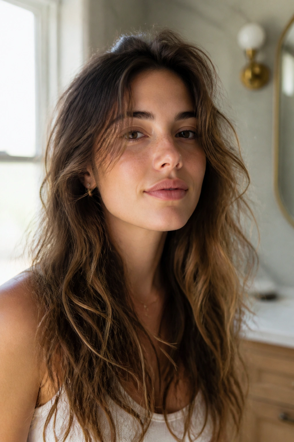 Close-up of a real woman with air-dried hair featuring natural bends and texture.