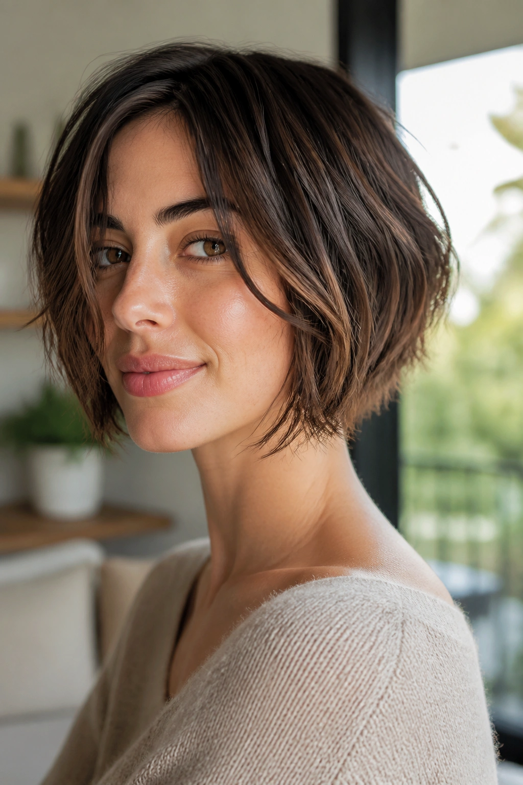 Real person with air-dried textured inverted bob, slight bend at ends
