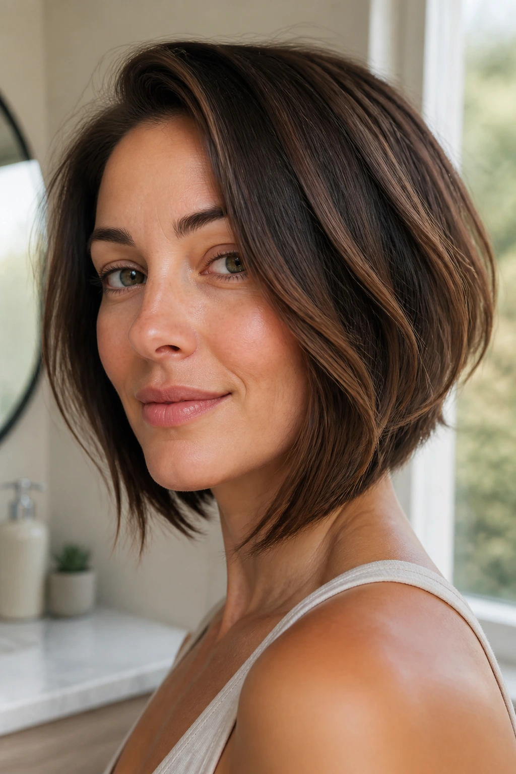 Real woman with an air-dried medium inverted bob showing natural movement in a bright home setting.