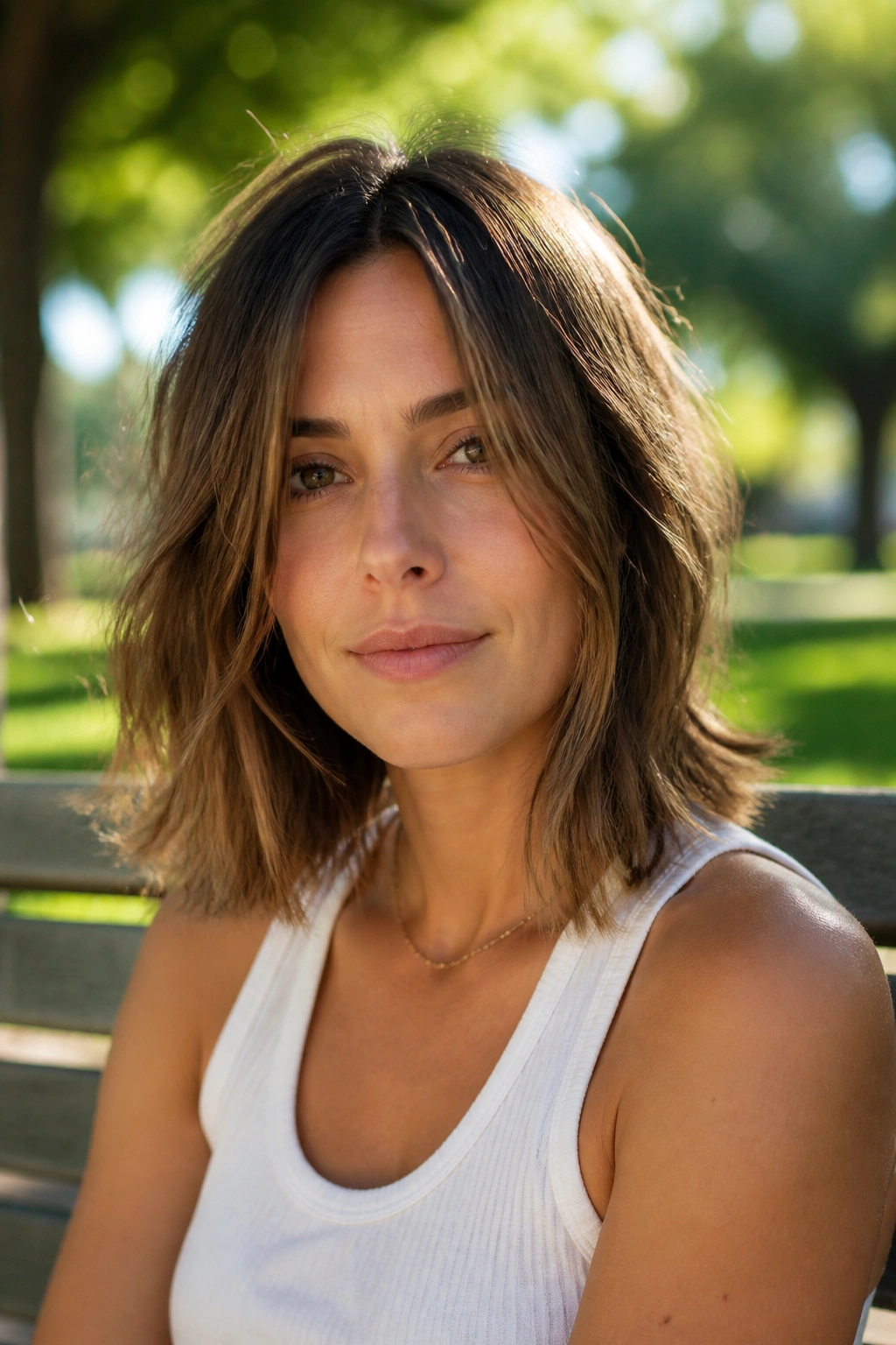 Close-up portrait of a real woman with an air-dried lob in a sunny park