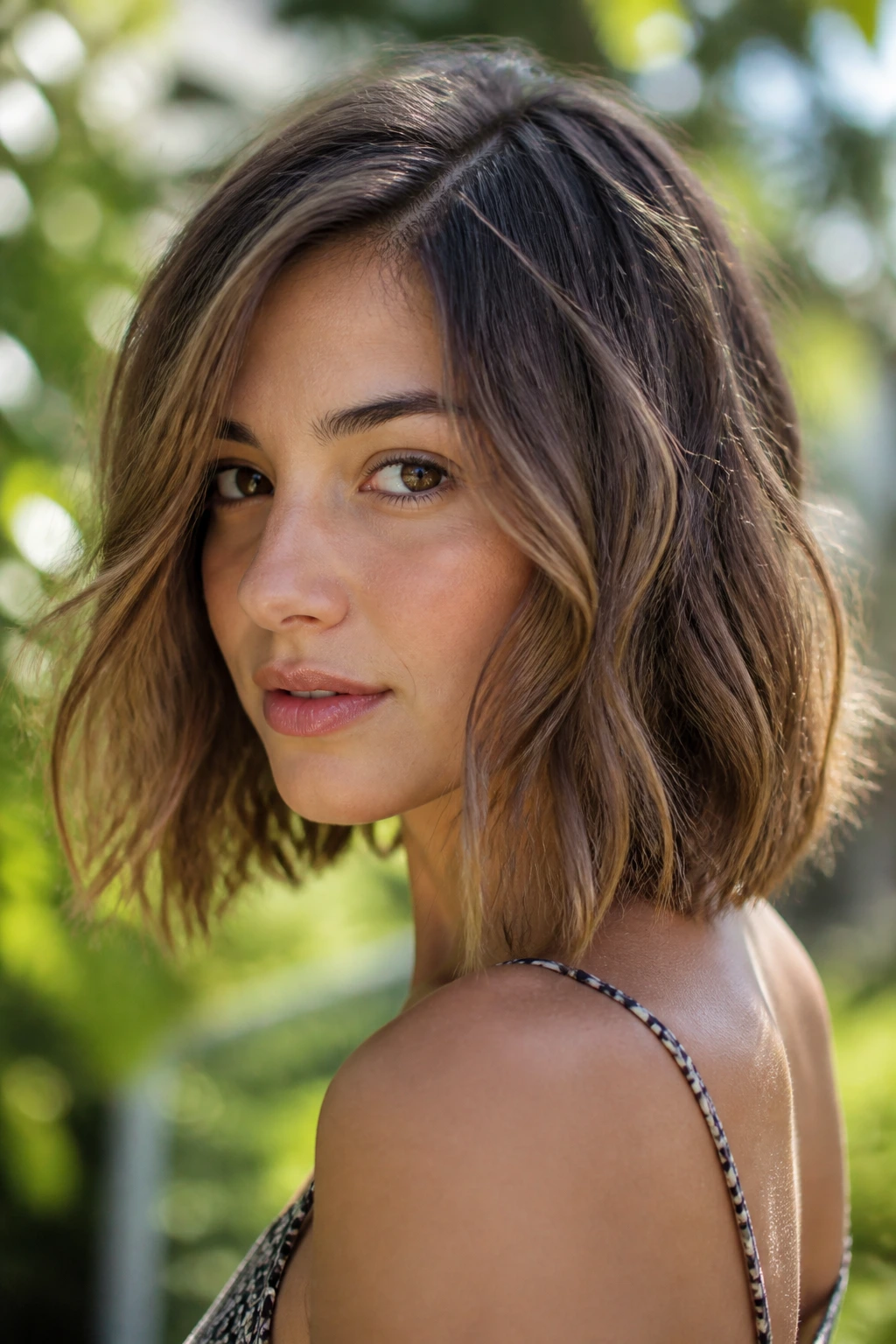 Portrait of a woman with air-dried lob and invisible internal layers in a garden.