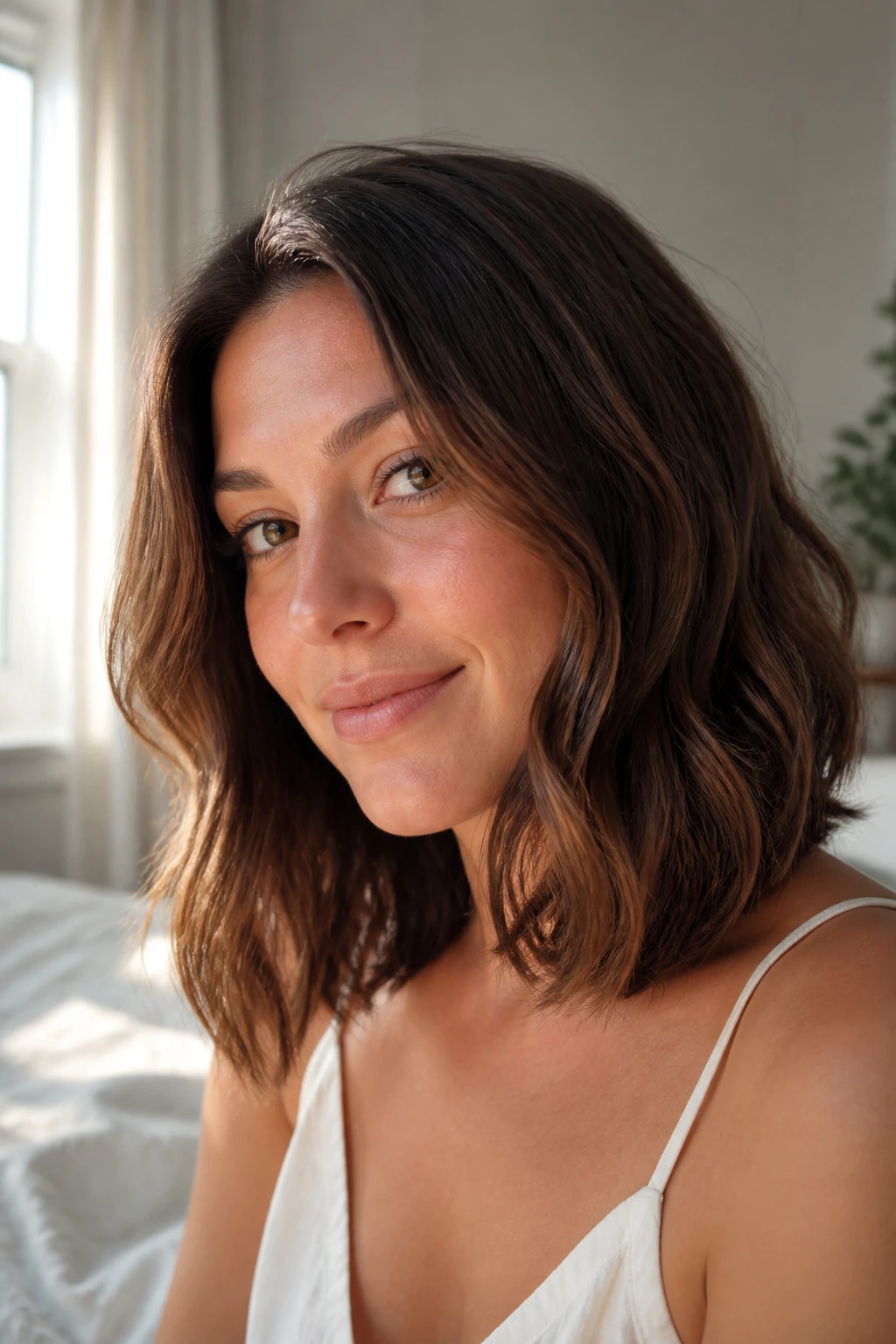 Portrait of woman with air-dried lob and light bend in sunlit bedroom