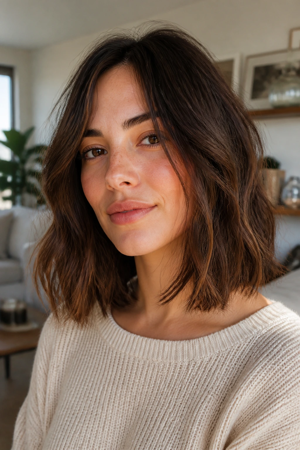 Close-up of a real woman with an air-dried lob showing natural texture