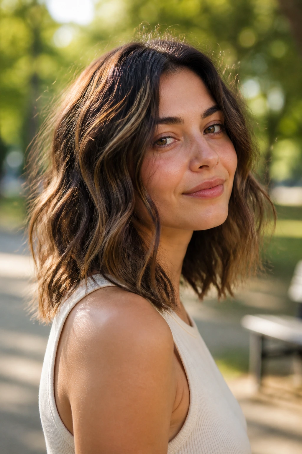 Portrait of a person with natural texture lob after air-drying.
