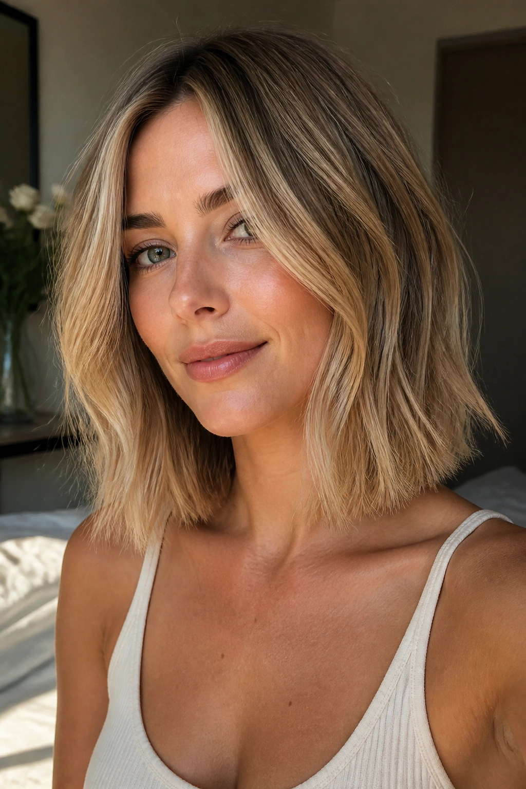 Close-up of a real woman with a collarbone-length air-dried lob and soft layers