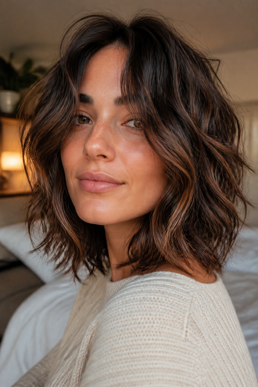 Close-up of a real woman with an air-dried tousled shoulder-length lob
