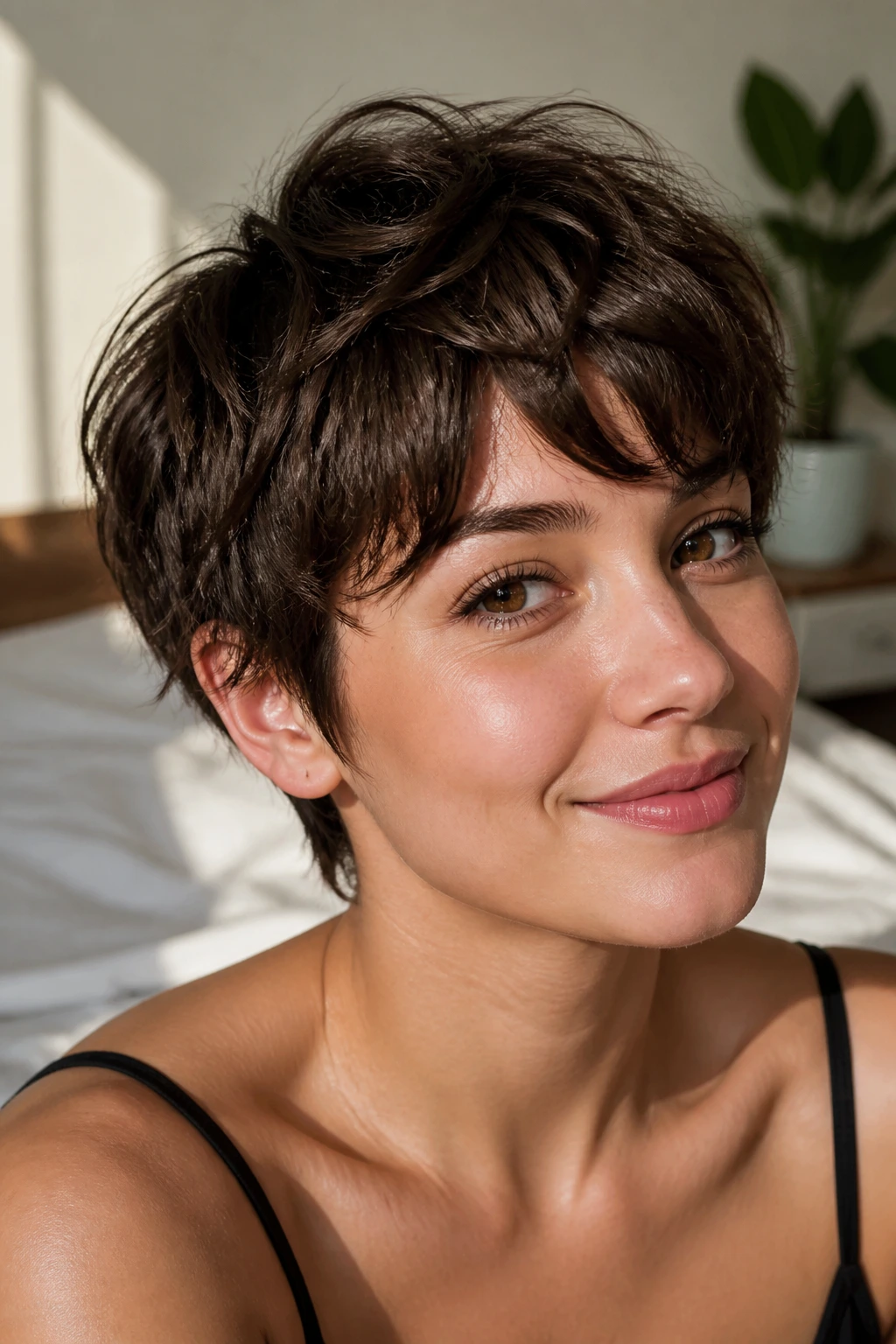 Close-up portrait of a real woman with an air-dried messy brunette pixie showcasing natural texture.