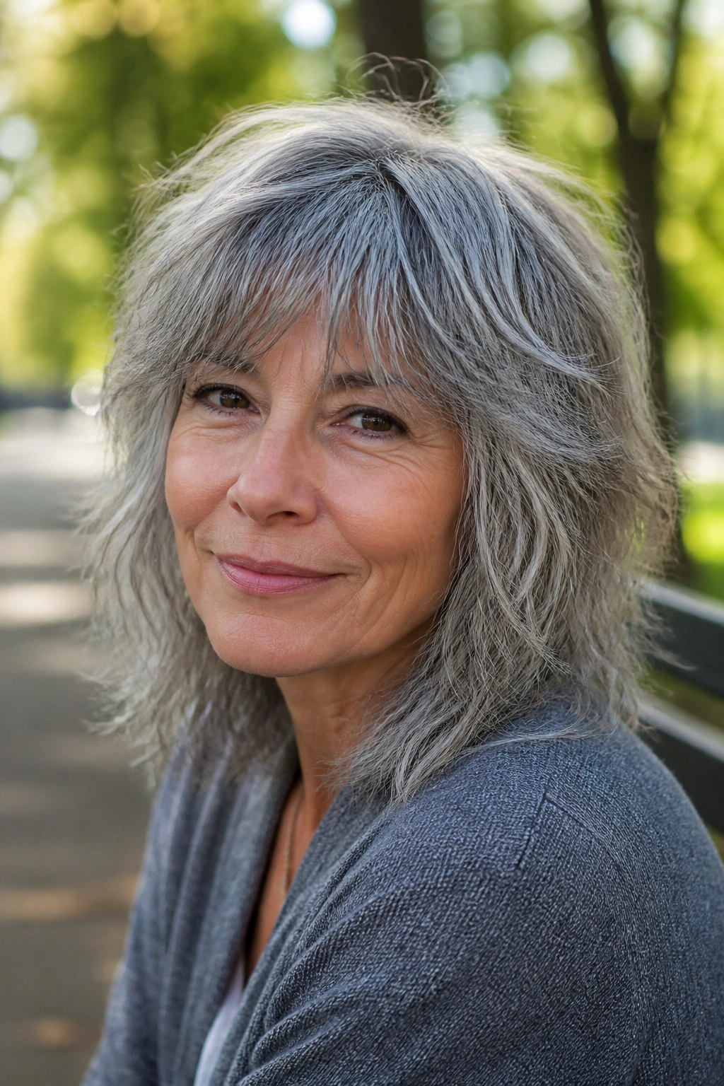 Close-up of a real woman with air-dried midlength shag and piecey bangs in gray