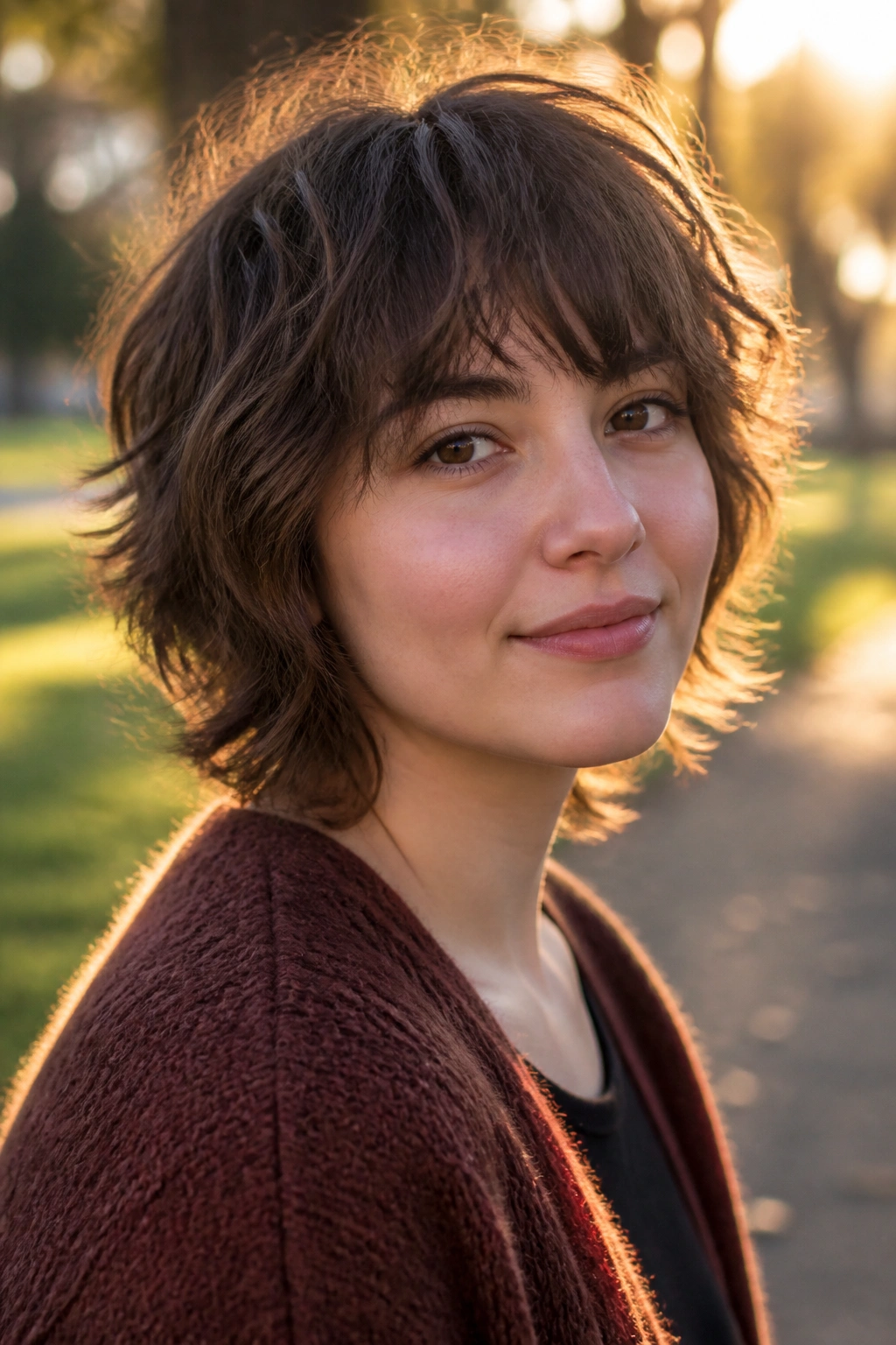 Real person with air-dried natural shag in golden hour light