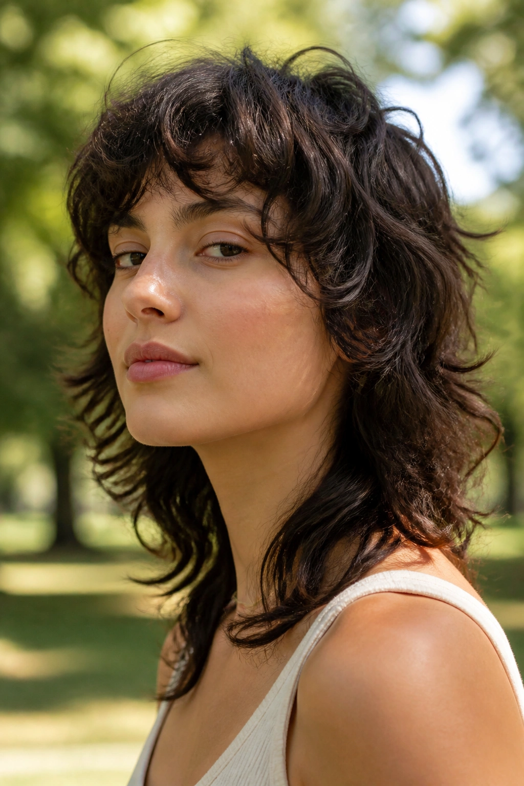 Close-up portrait of a real woman with air-dried natural texture mullet showing waves.