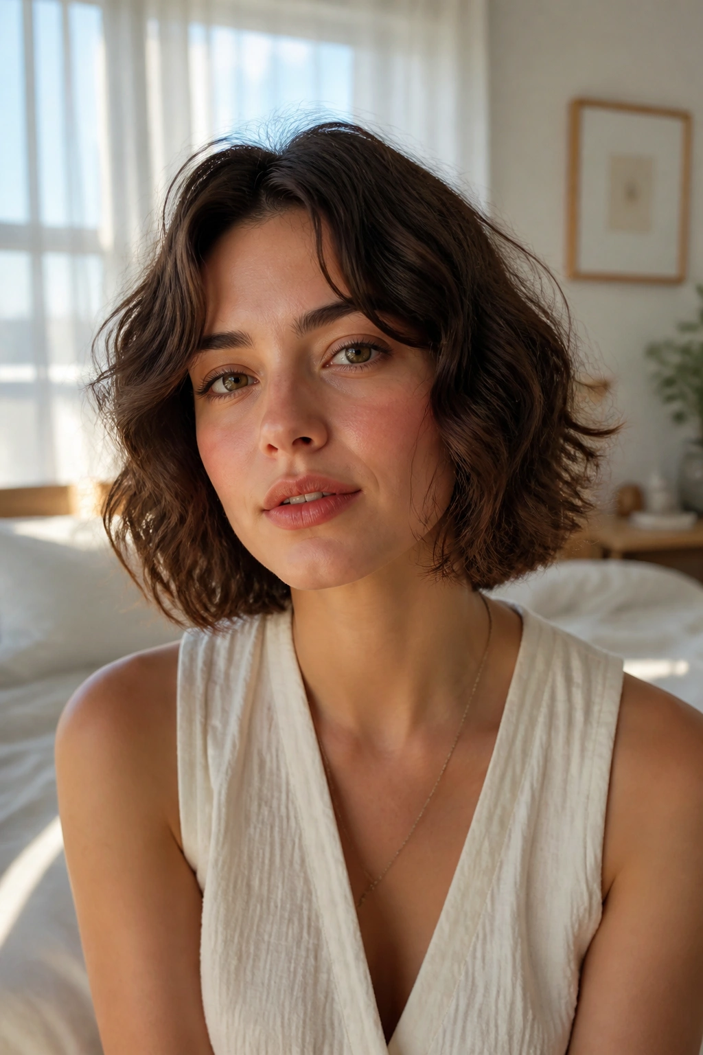 Close-up of a real person with an air-dried natural wave bob in a sunlit bedroom.