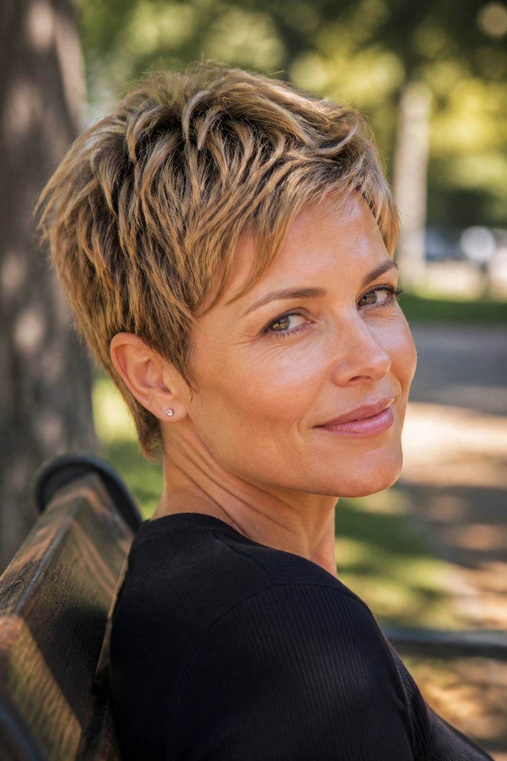 Close-up of woman with air-dried pixie texture outdoors