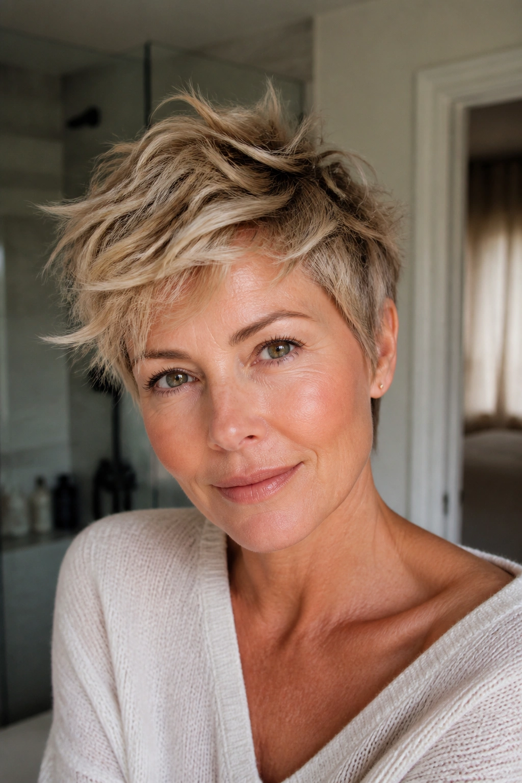 Close-up of a person with an air-dried tousled pixie and natural texture