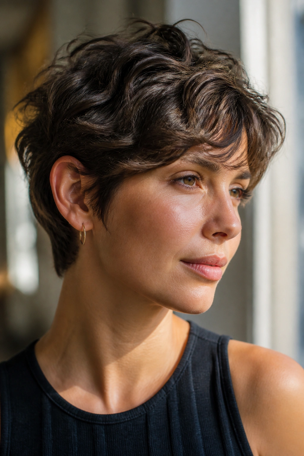 Close-up of a real person with air-dried wave pixie showing soft texture