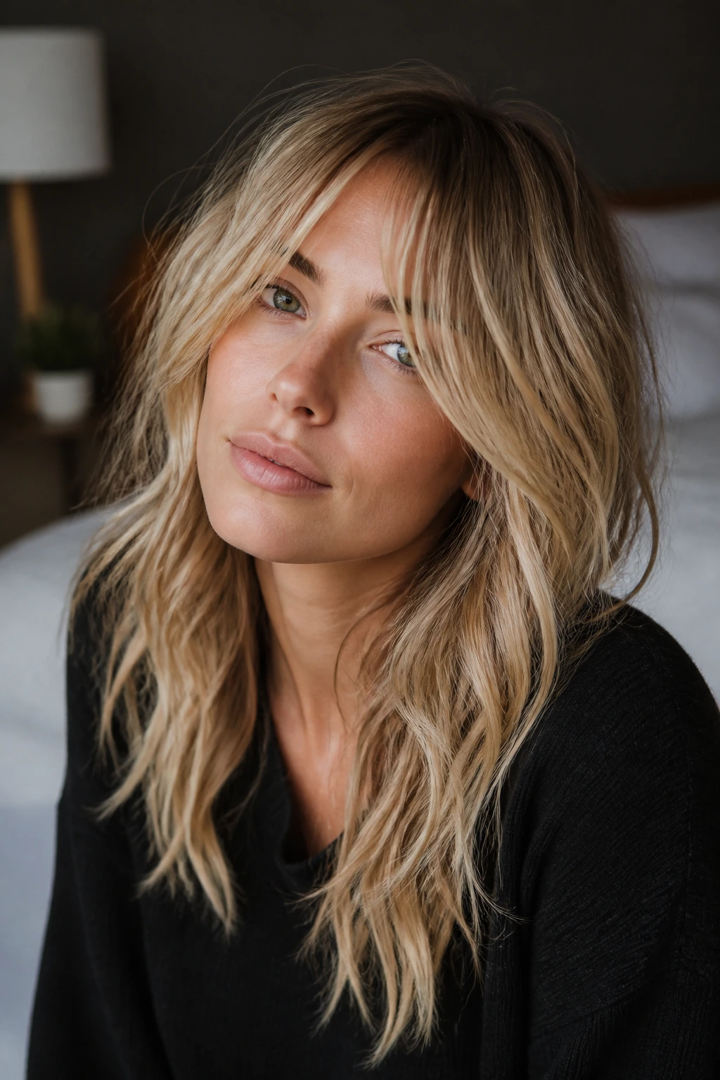 Close-up of a real woman with air-dried shag and soft bends in blonde hair