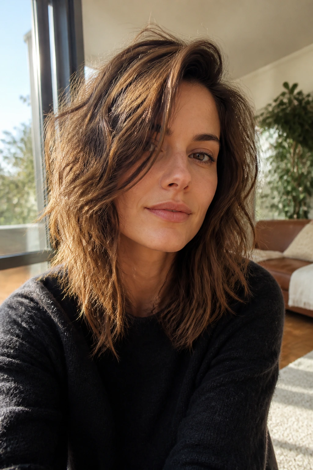 Close-up of a real woman with an air-dried shag and deep side part in sunlit living room