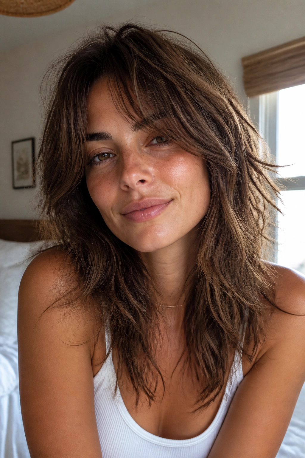Close-up of a real woman with an air-dried shag showing natural waves and balanced layers