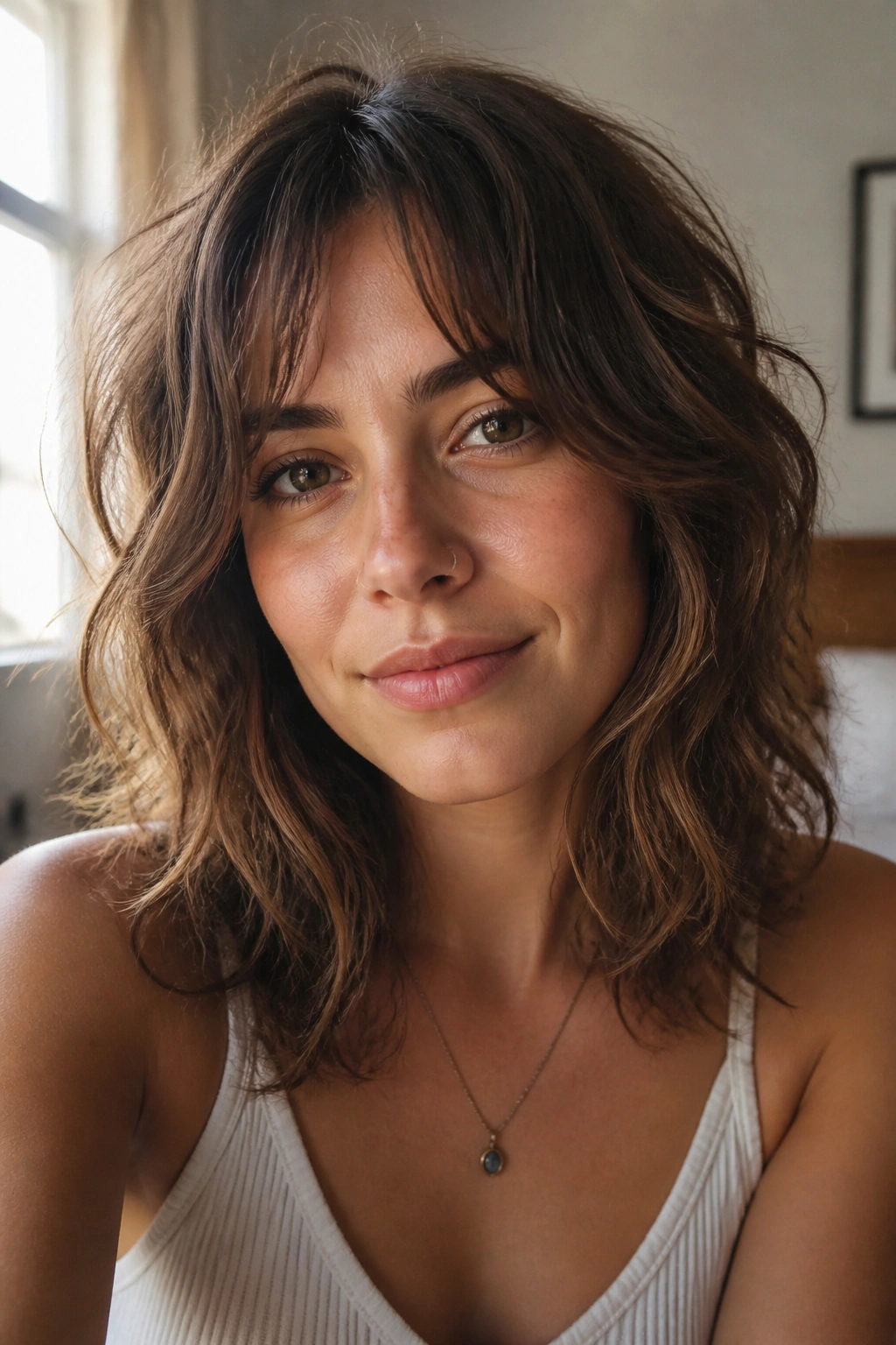 Close-up of a real woman with shoulder-length natural-texture shag in a sunlit bedroom