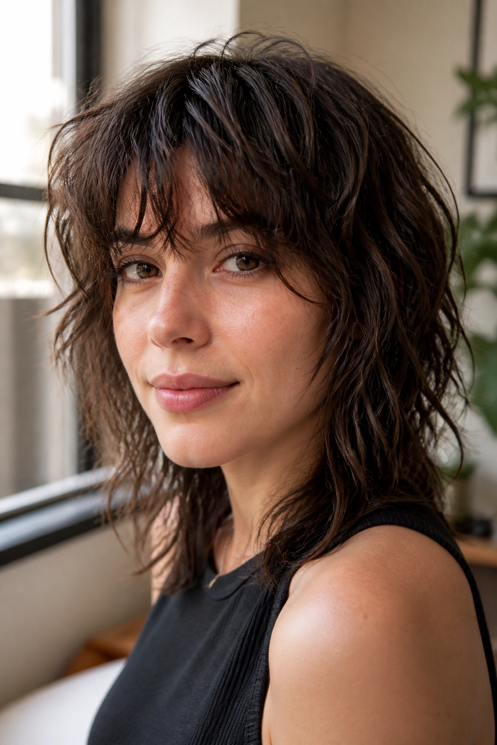 Real woman with air-dried shag texture in natural light
