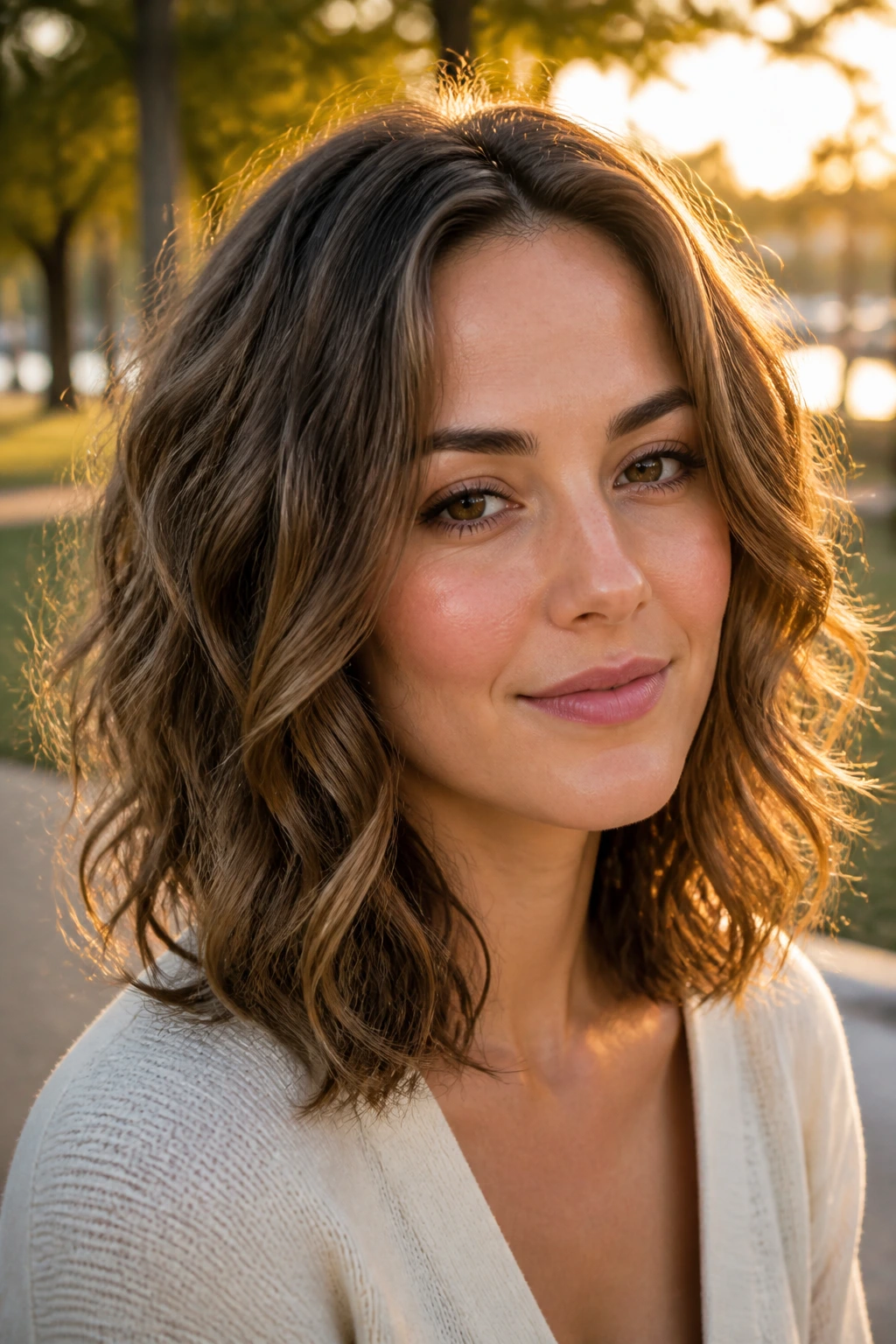 Close-up portrait of a real woman with Air-Dried Shoulder Cut in golden hour outdoor light.