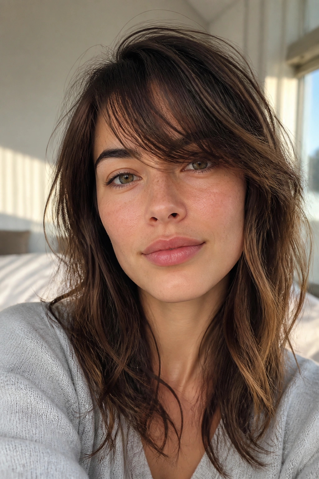 Portrait of a woman with air-dried textured side fringe in a sunlit room.