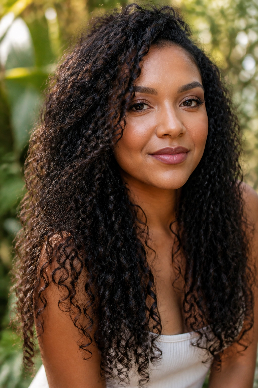 Close-up of a real woman with air-dried stretched curls in sunlit garden