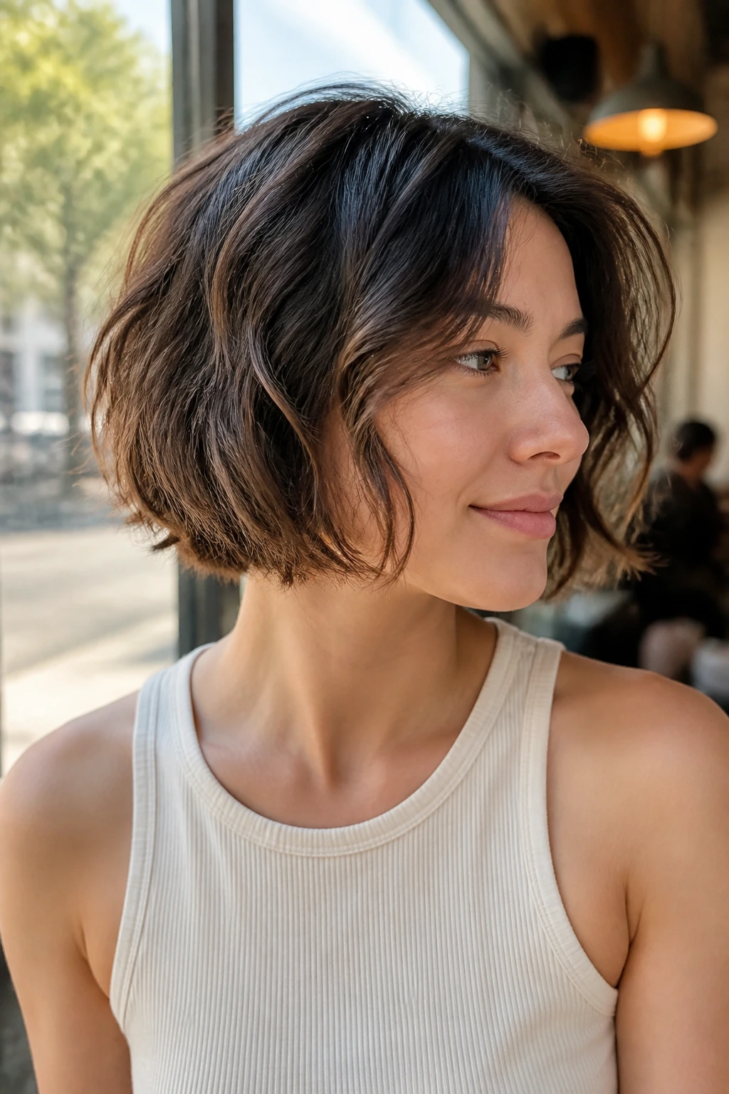 Real woman with air-dried textured stacked bob in soft daylight at a cafe window