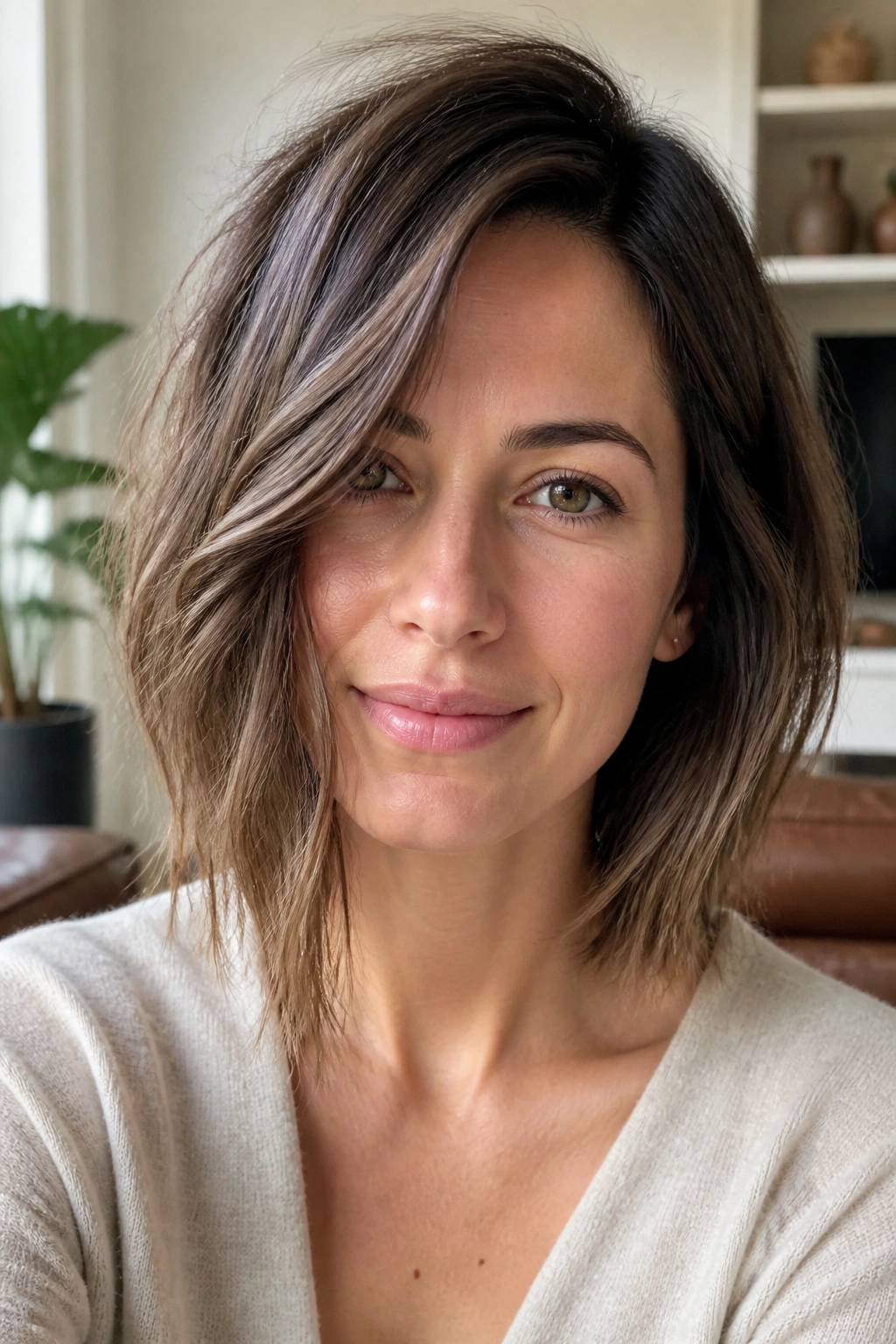 Real woman with air-dried textured lob showing invisible interior layers under natural light