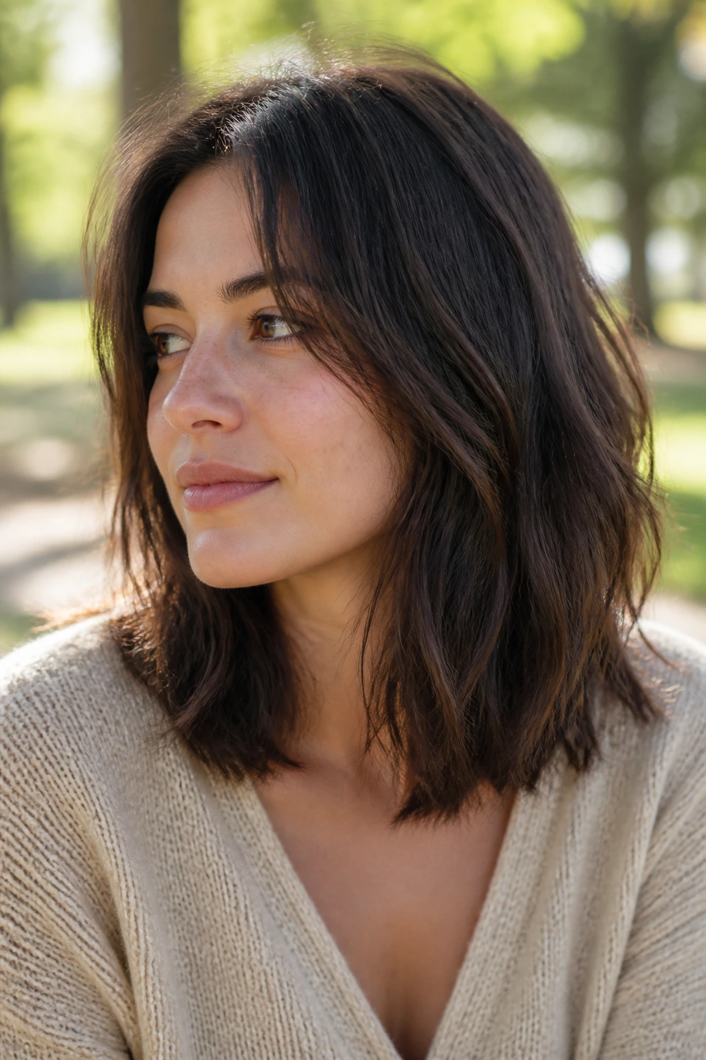 Air-dried textured mid-length hair with soft ends in outdoor light