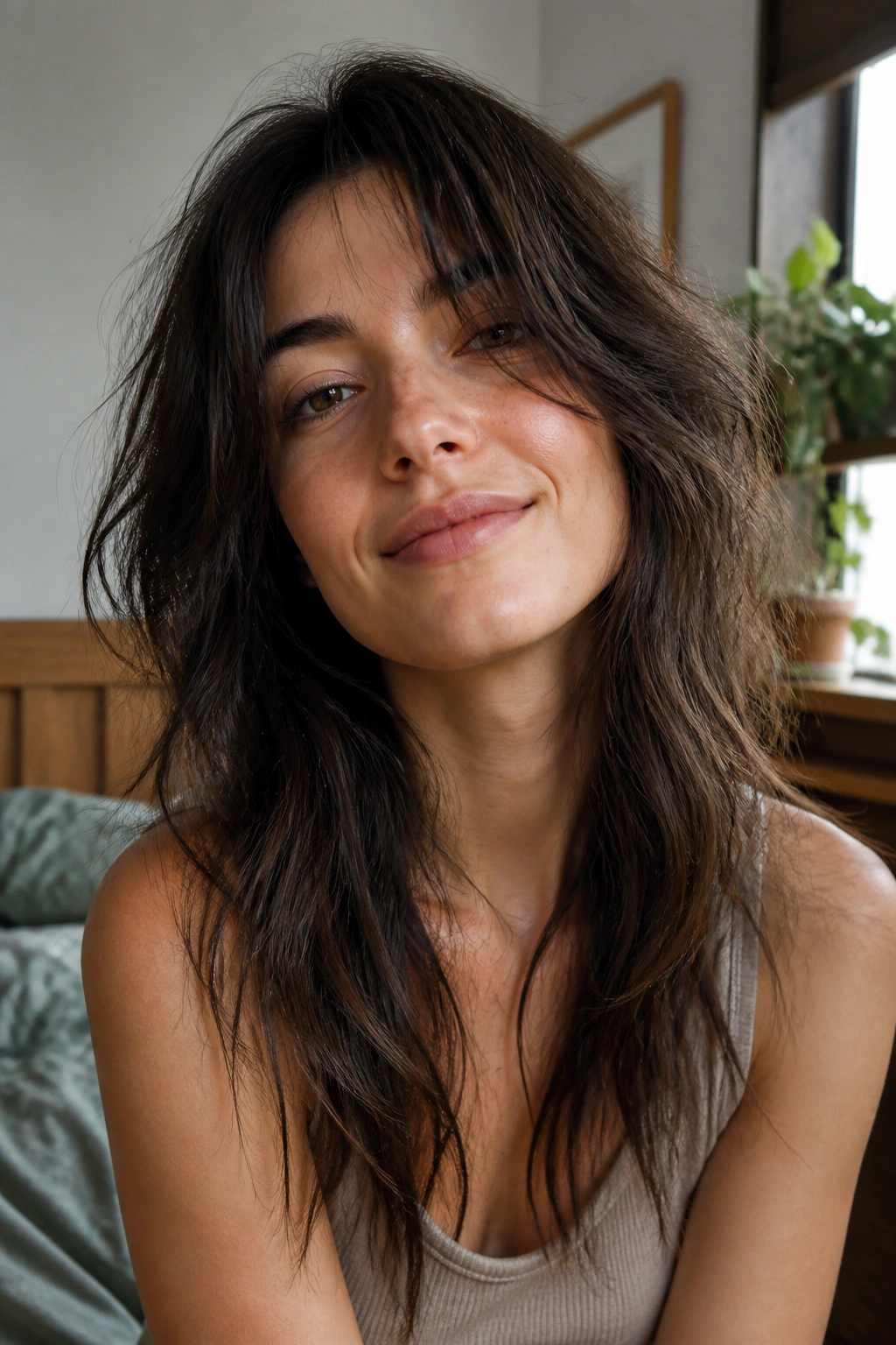 Close-up of a real woman with air-dried tousled long shag in cozy home