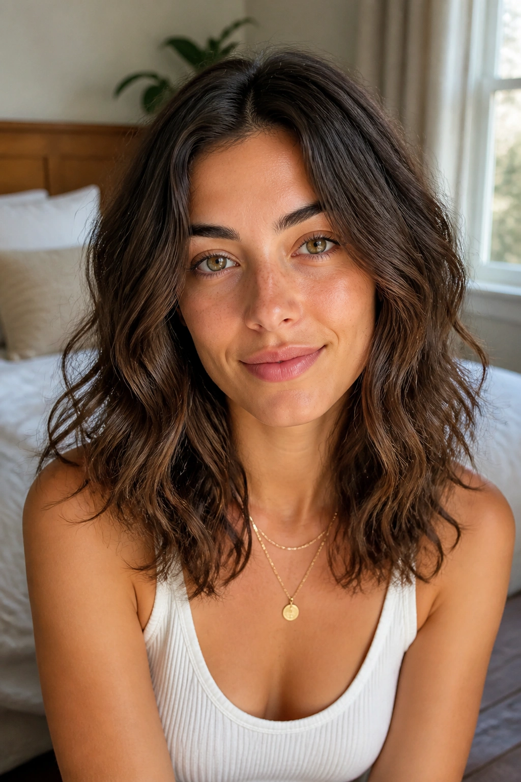 Close-up of a real woman with shoulder-length air-dried wavy hair and a center part