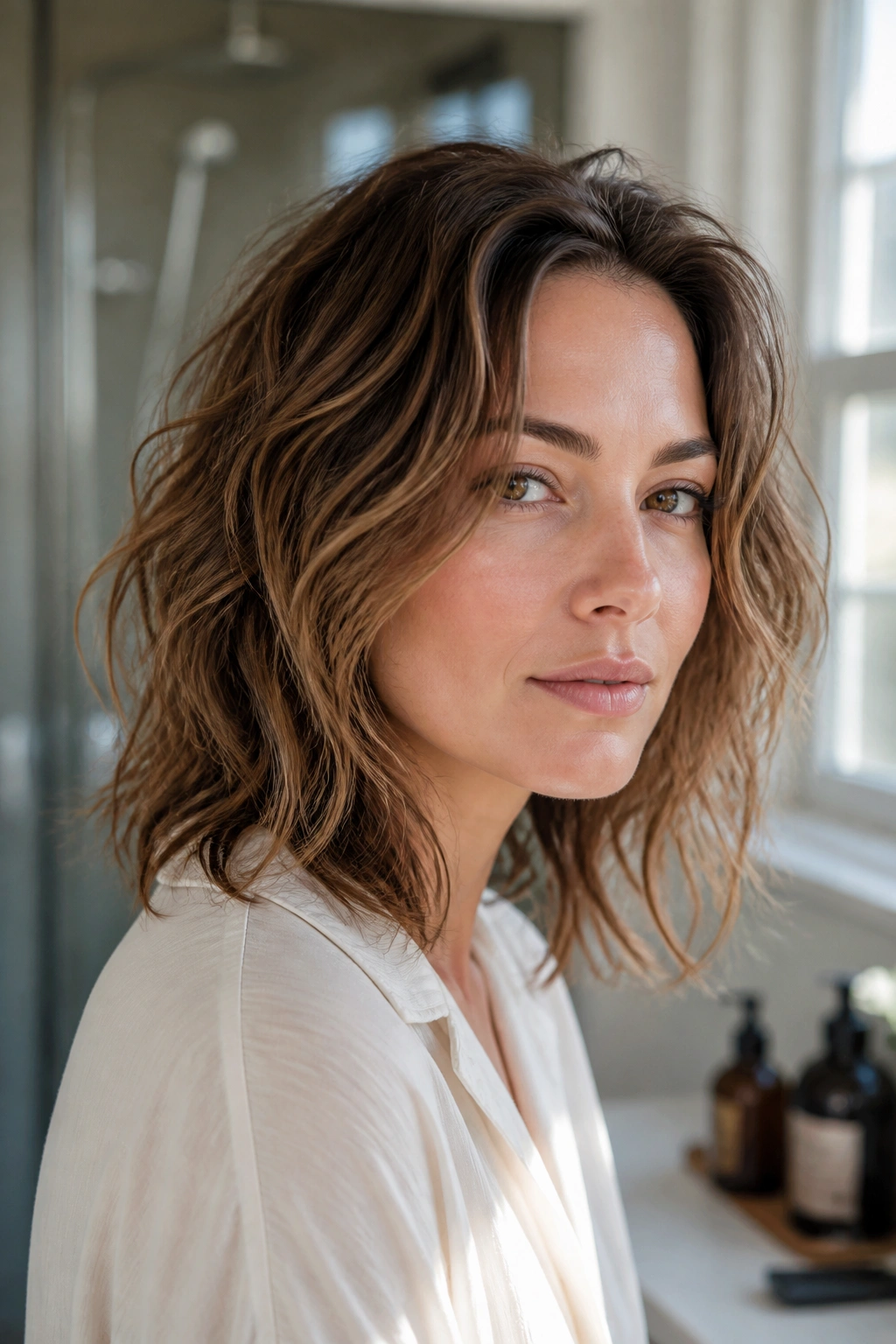 Real woman with air-dried layered hair and mousse at the roots.