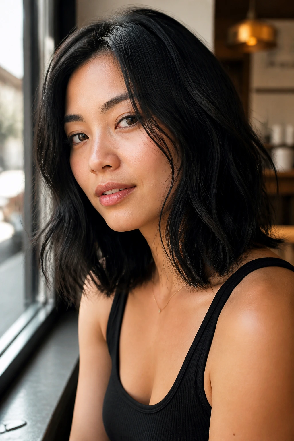 Close-up of a real woman with a natural texture lob in soft natural light at a cafe window