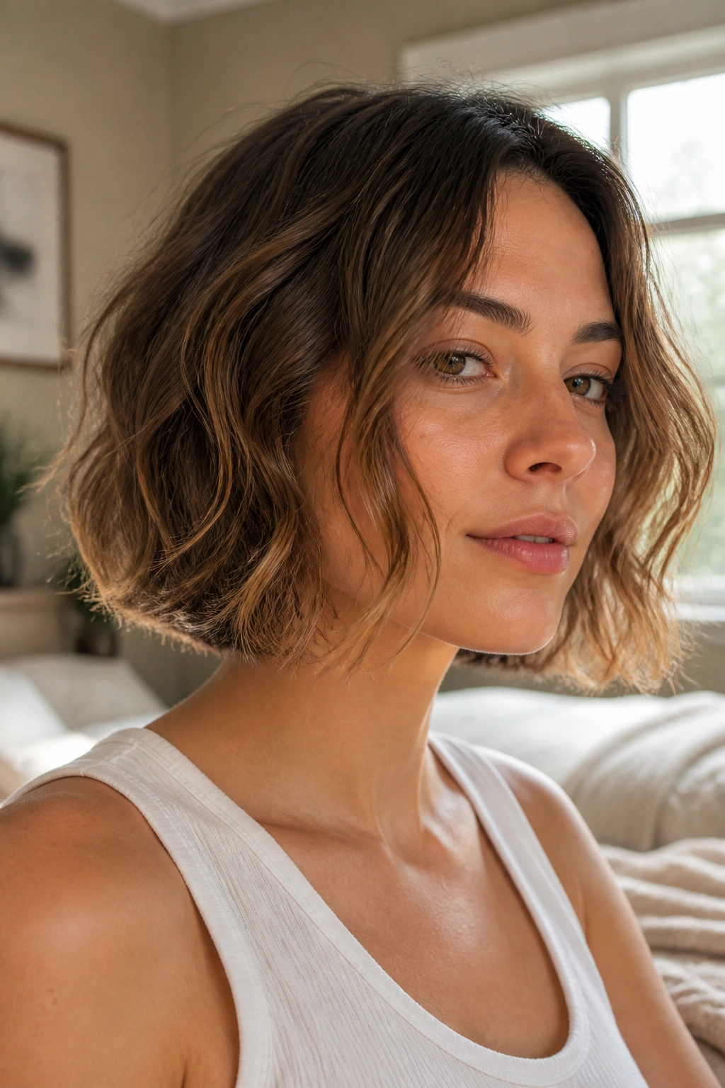 Close-up of a real woman with an air-dried natural wave bob, chin-length to collarbone