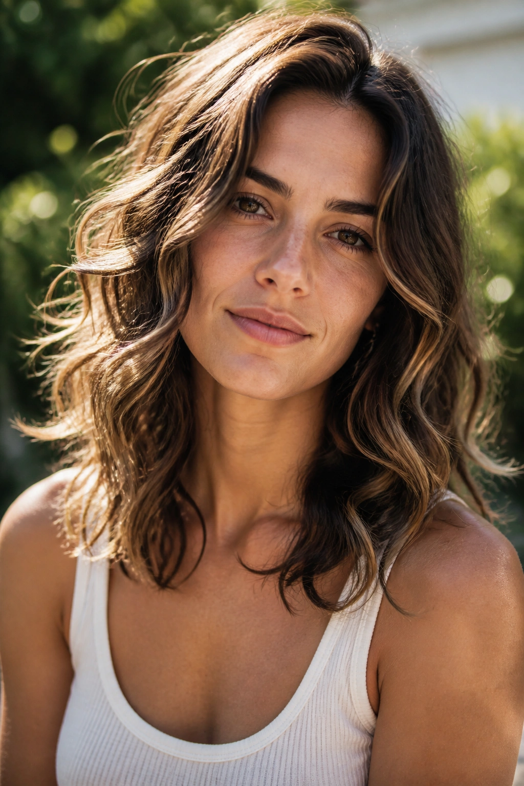 Close-up portrait of a real woman with natural air-dried waves outdoors in soft light