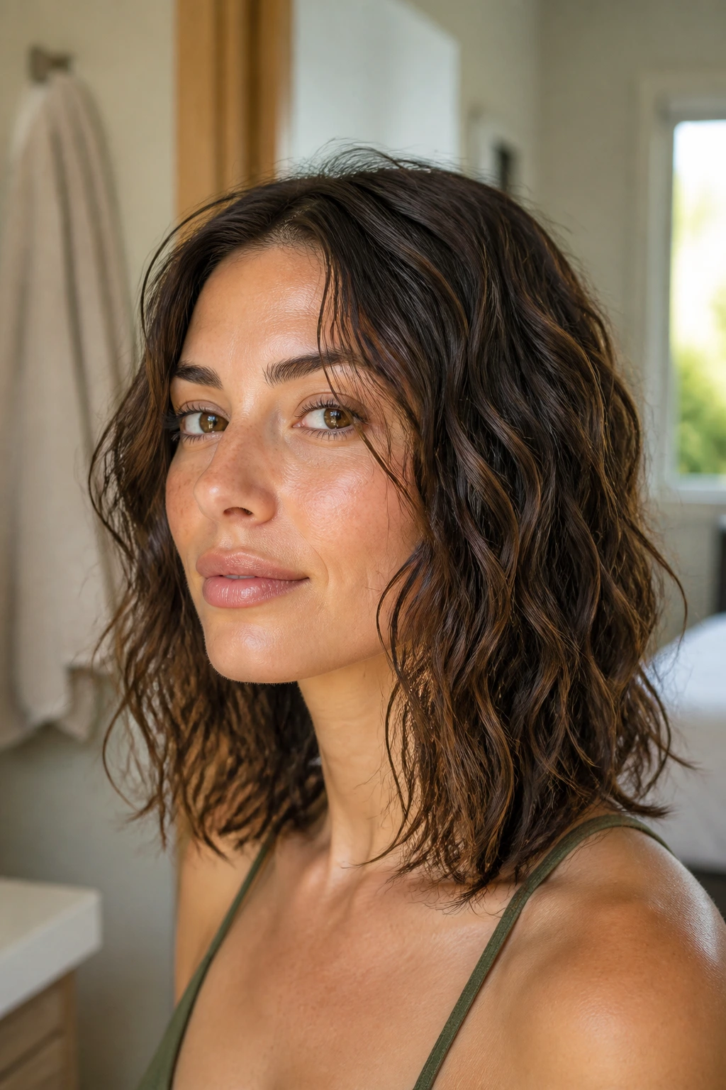 Real woman with air-dried soft waves and subtle texture spray in a bright bath area