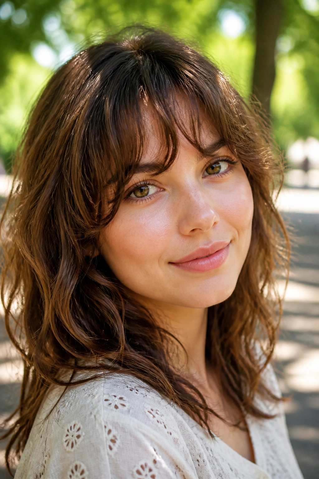 Portrait of a woman with air-dried wavy bangs in a sunny park