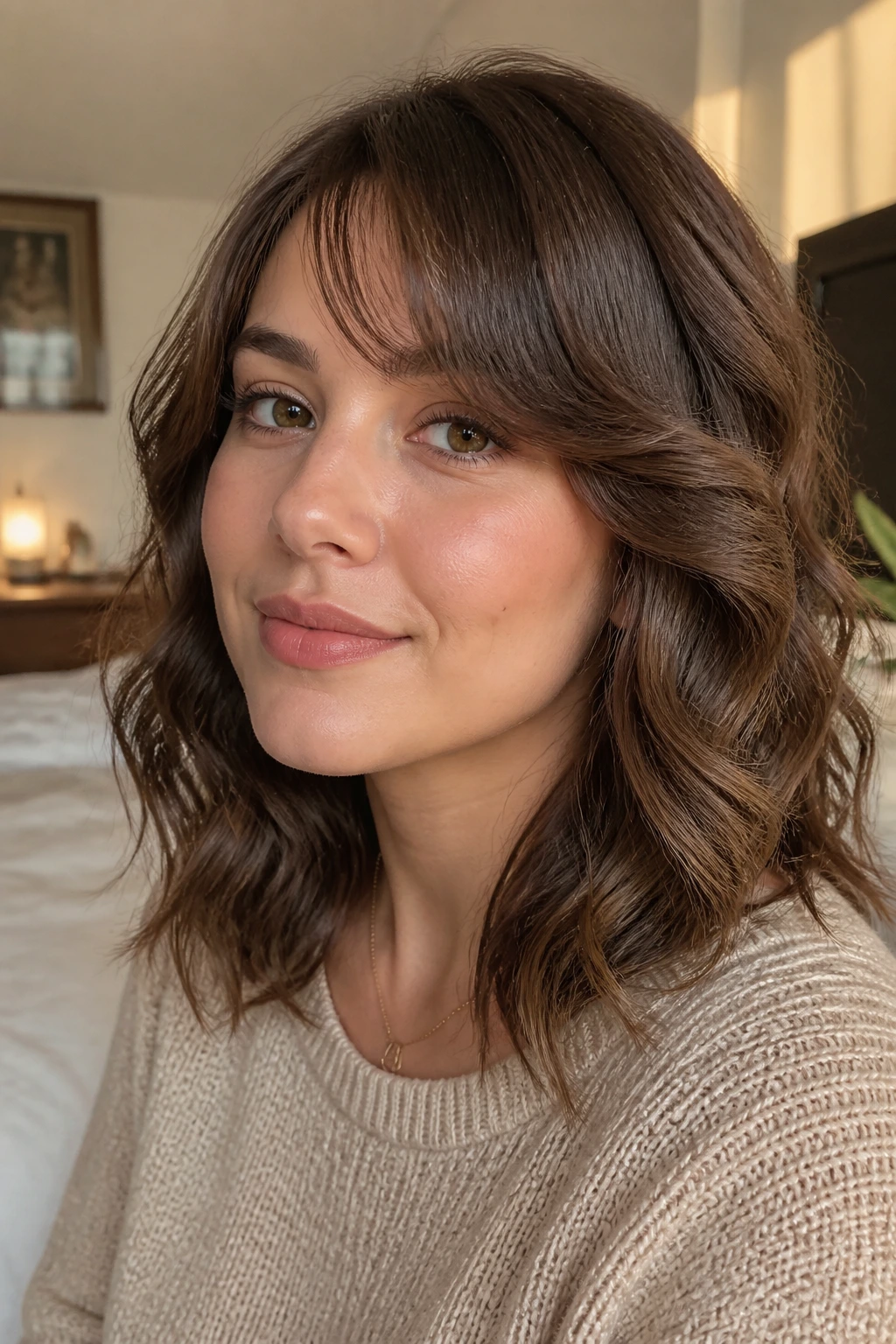 Close-up of a real woman with air-dried wavy side bangs for a round face, warm window light