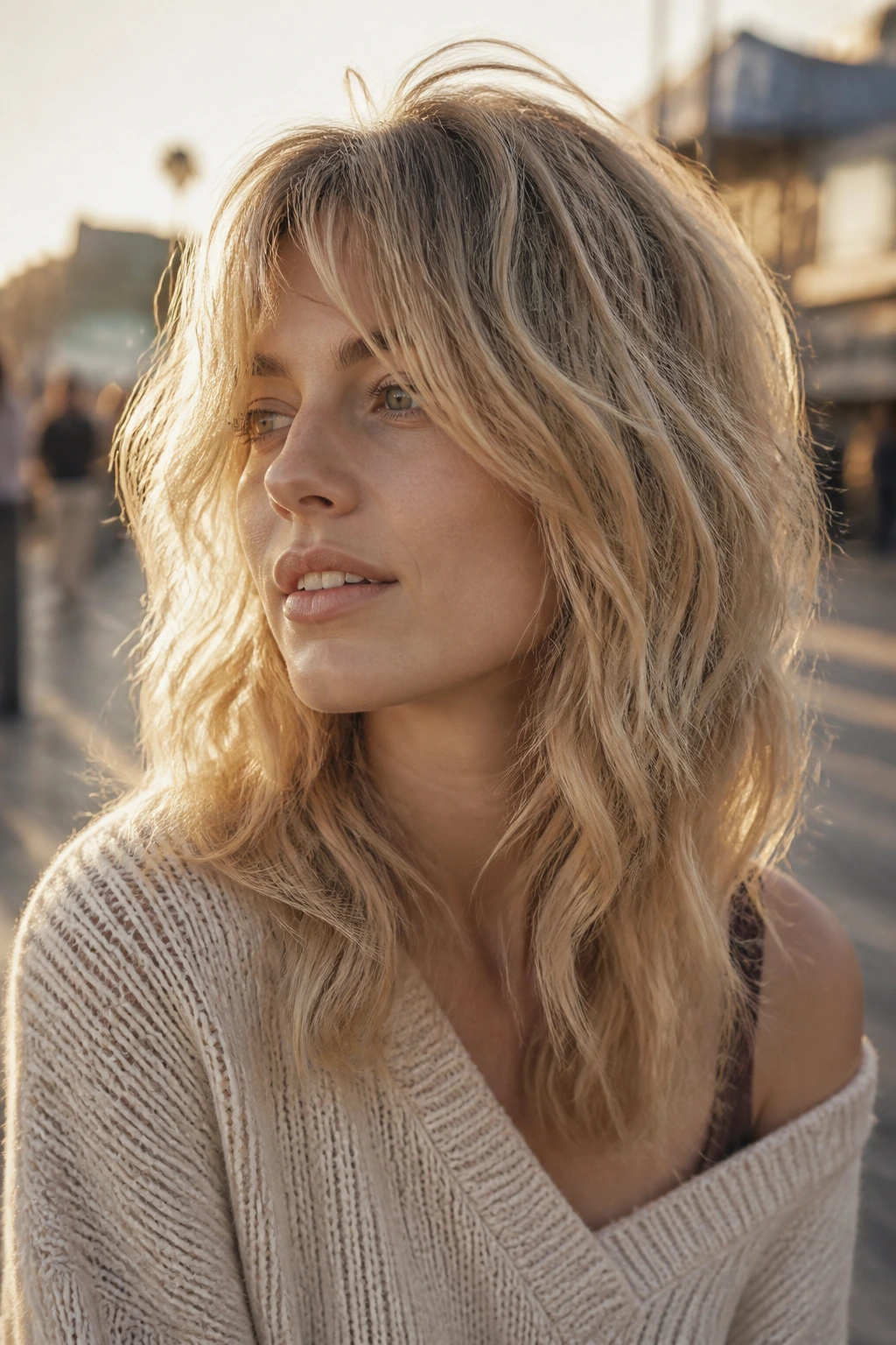 Close-up of a real woman with air-dried wavy blonde shag on a sunny outdoor boardwalk