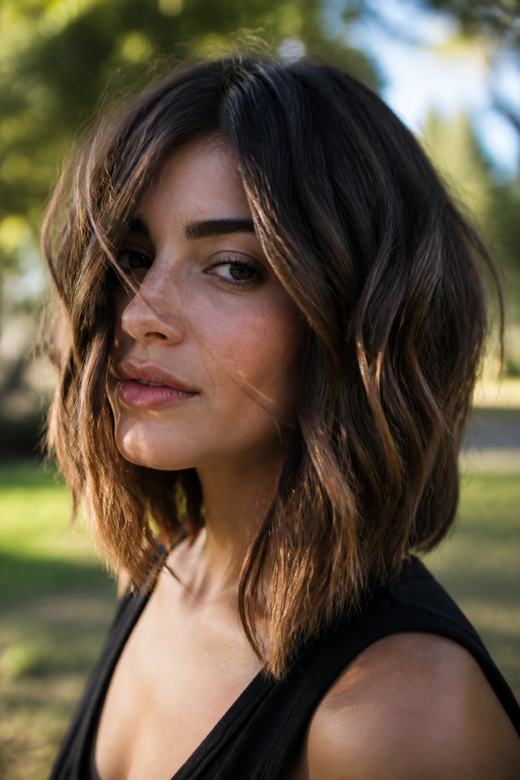 Real woman with air dried wavy inverted bob in natural outdoor light