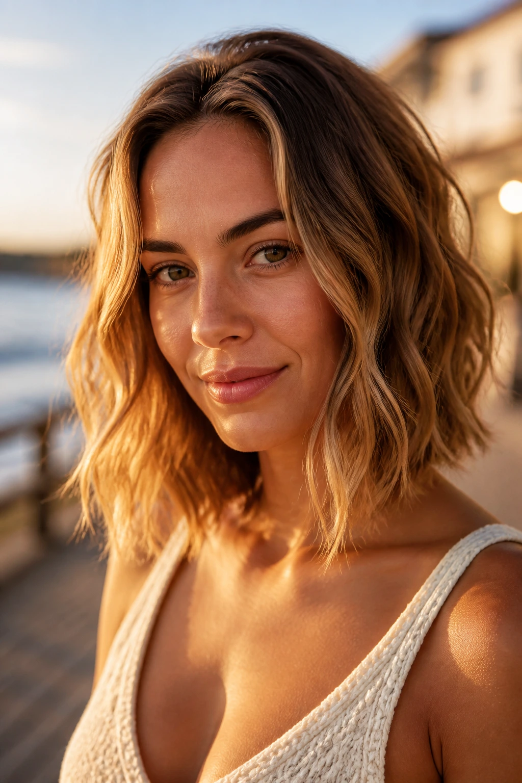 Close-up portrait of a real woman with air-dried wavy lob