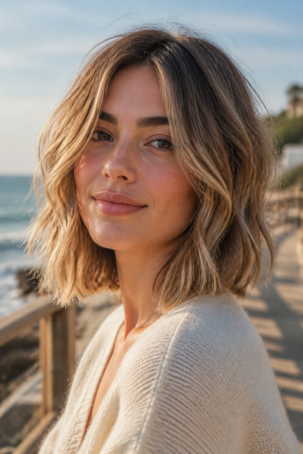 Close-up of a real woman with Air-Dried Wavy Lob on outdoor boardwalk