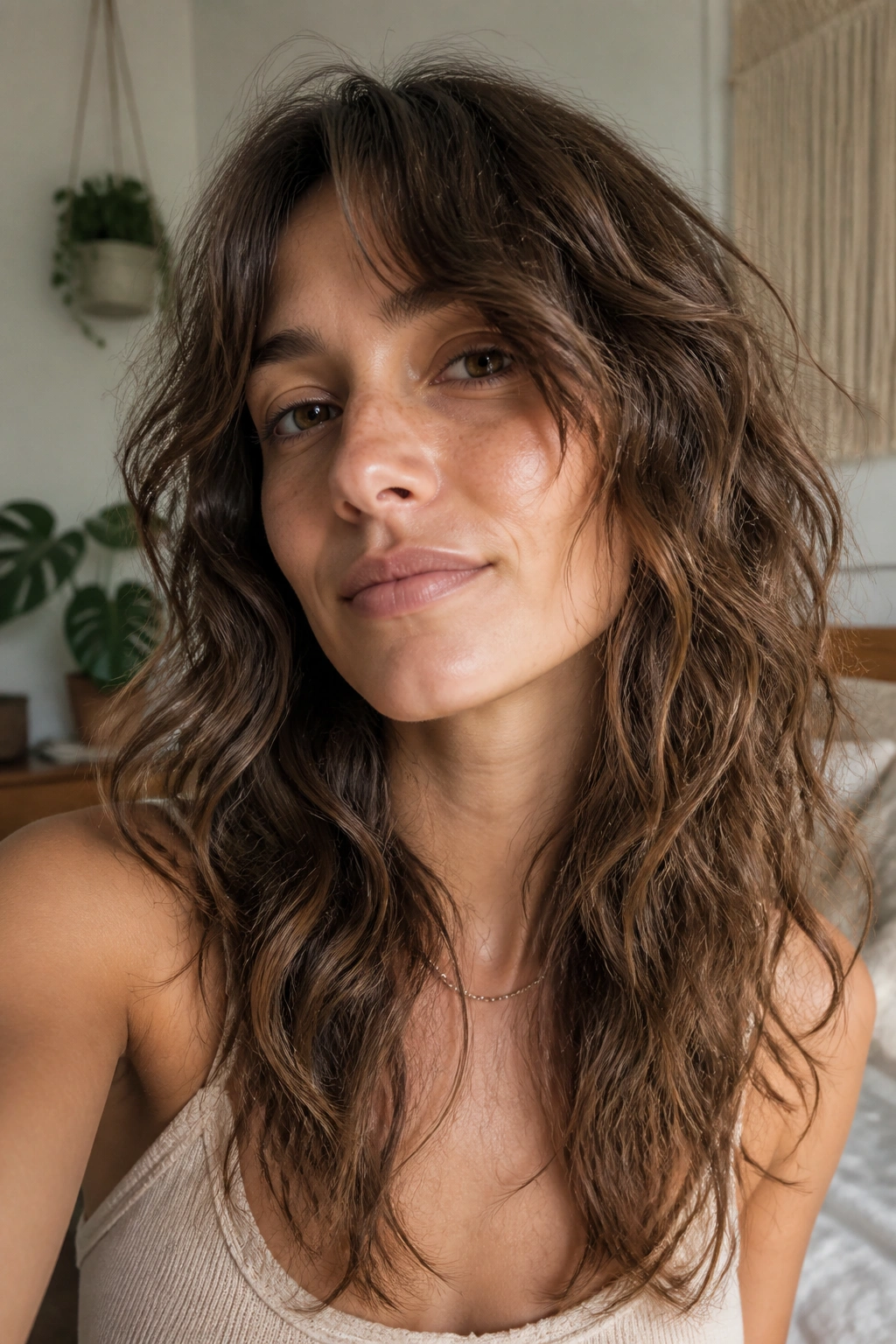 Close-up portrait of a woman with air-dried wavy shag